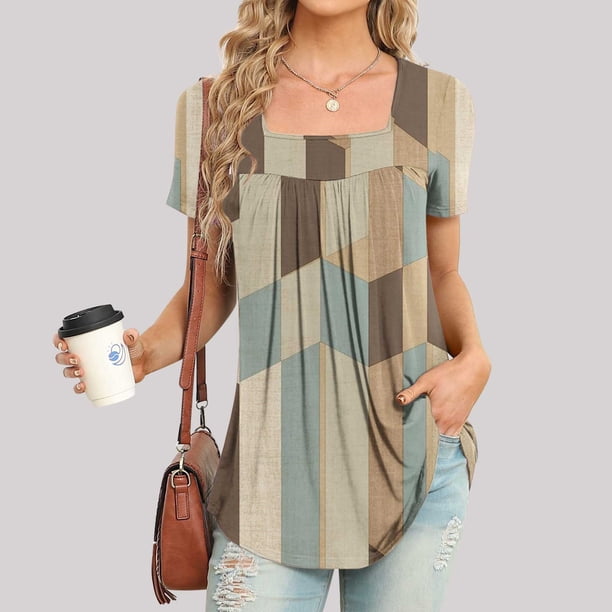 Fiudx Ofertas Flash Del Día Solo En Línea Blusa Holgada de Manga Corta con Cuello En V Informal Estampada a La Moda para Mujer
