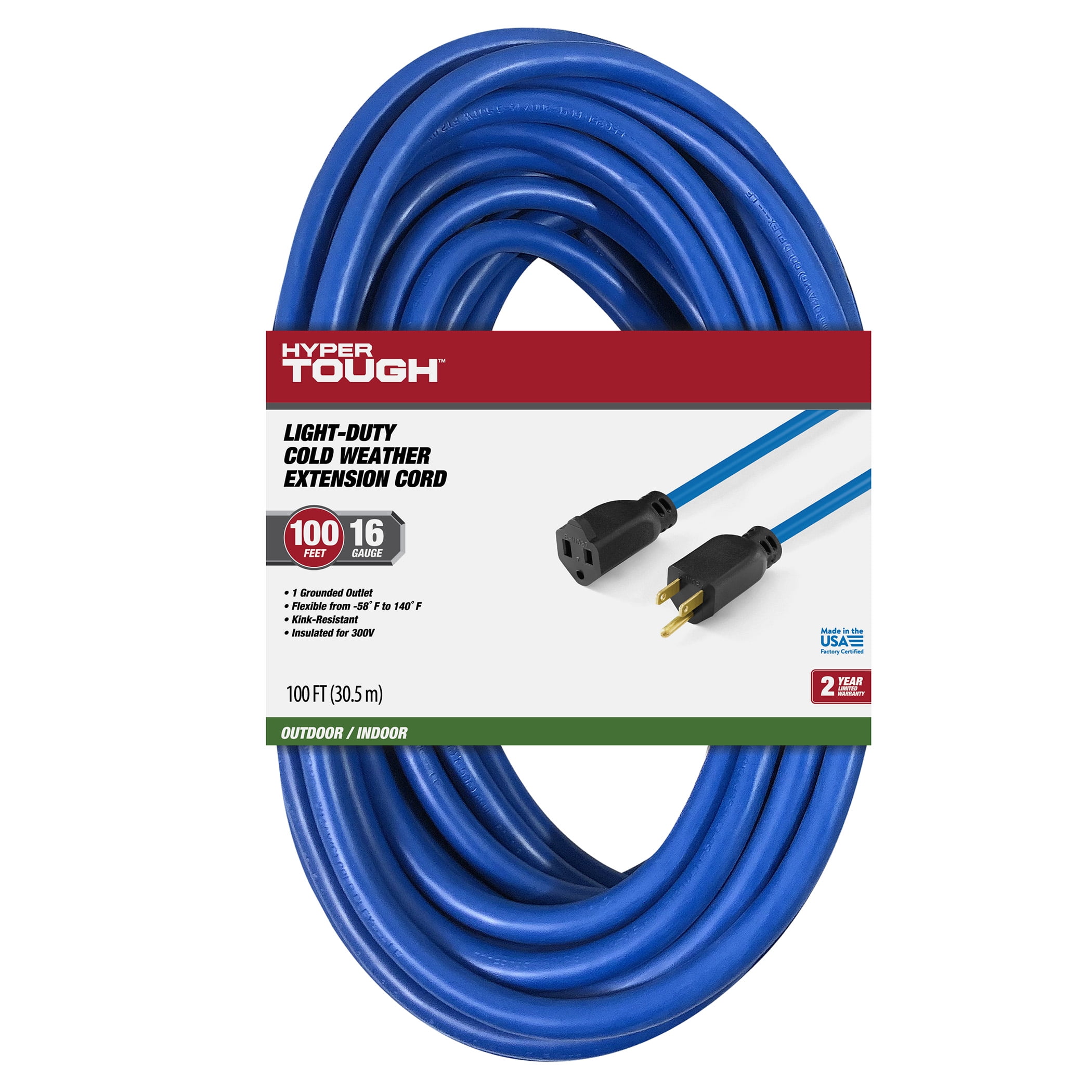 (2 pack) Hyper Tough 100FT Indoor/ Outdoor Extension Cord, 16 AWG, Single Outlet Light-Duty Cold Weather Extension Cord, Blue
