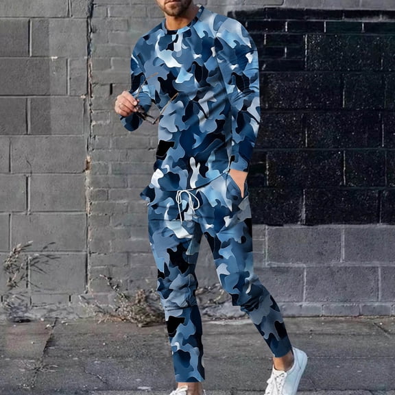 Wavsuf 2pcs Jogger Set Men Long Sweatsuits Sets for Mens Tight Shirt Sweatshirt and Sweatpants Dark Blue Size 2XL