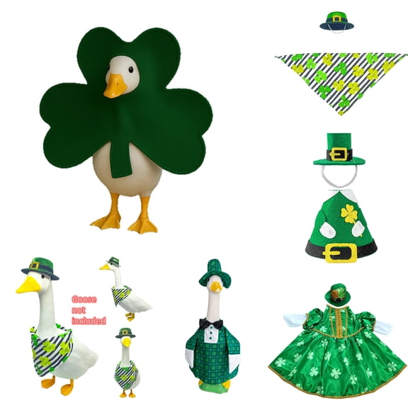 St Patricks Day Porch Goose Outfit Irish Clover Goose Costume for 23" High Cement or Plastic Geese Costume for Yard Lawn Outdoor Garden Patio Statue Leprechaun Shamrock Dress Holiday Decor