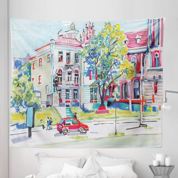 Fine Art Tapestry, Pattern of Old Fashioned European Town Scene Ukraine Streets Architecture Drawing, Fabric Wall Hanging Decor for Bedroom Living Room Dorm, 5 Sizes, Multicolor, by Ambesonne