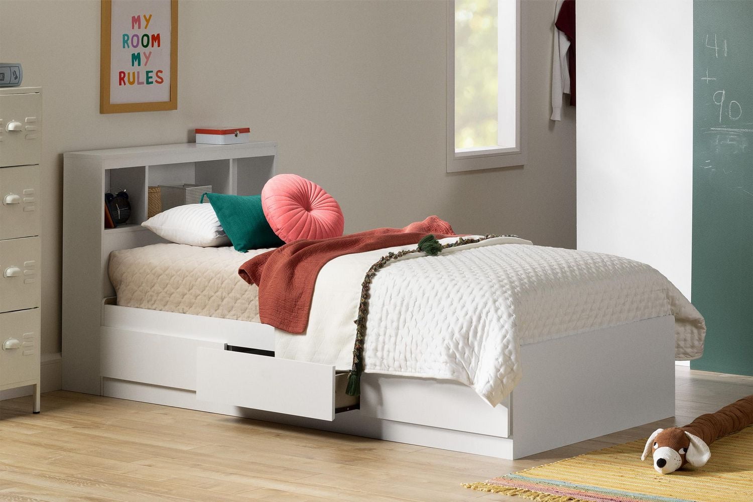 South Shore Reevo Twin Mates Bed with Bookcase Headboard Set, in Pure White