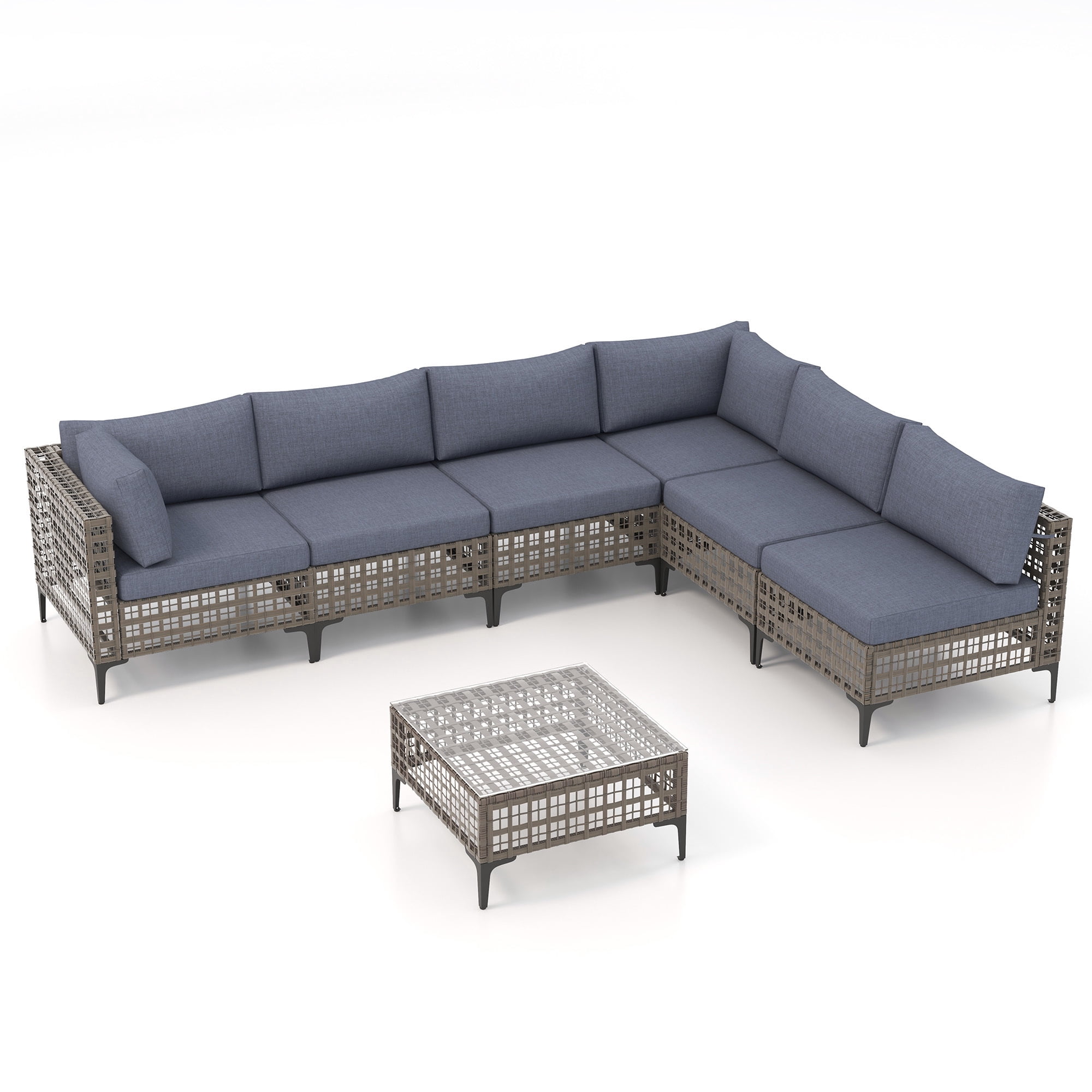 JOIVI 7 Pieces Patio Furniture Set, Outdoor Sectional Sofa Set with Cushion and Coffee Table, 7-Piece PE Rattan Conversation Set for Deck, Porch, Backyard, Denim Blue