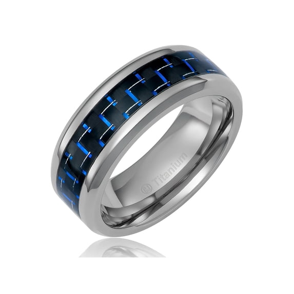 Mens Wedding Band in Titanium 8MM Ring with Black and Blue Carbon Fiber Inlay