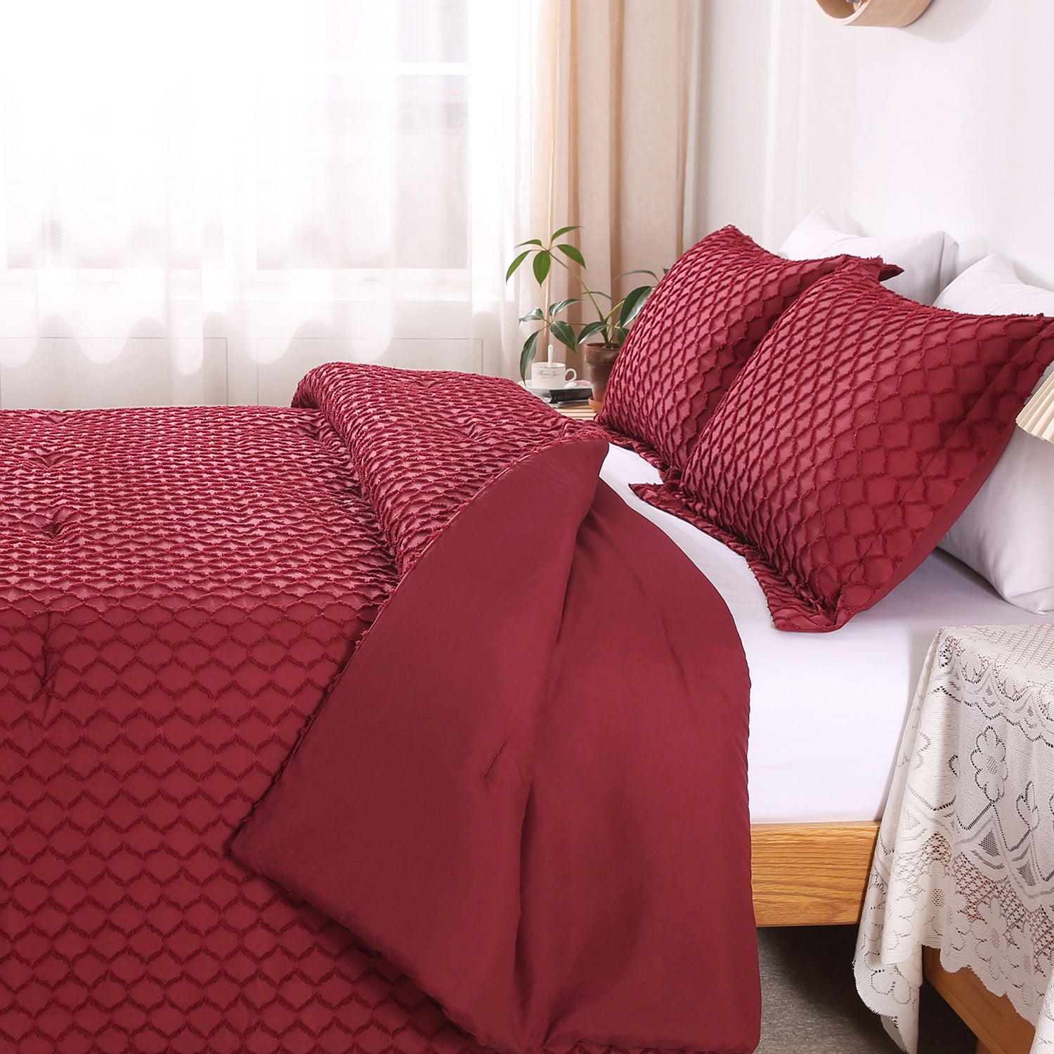 NC King Comforter Sets With 2 Pillow Shams, 3 Piece Soft Bedding Set, Burgundy