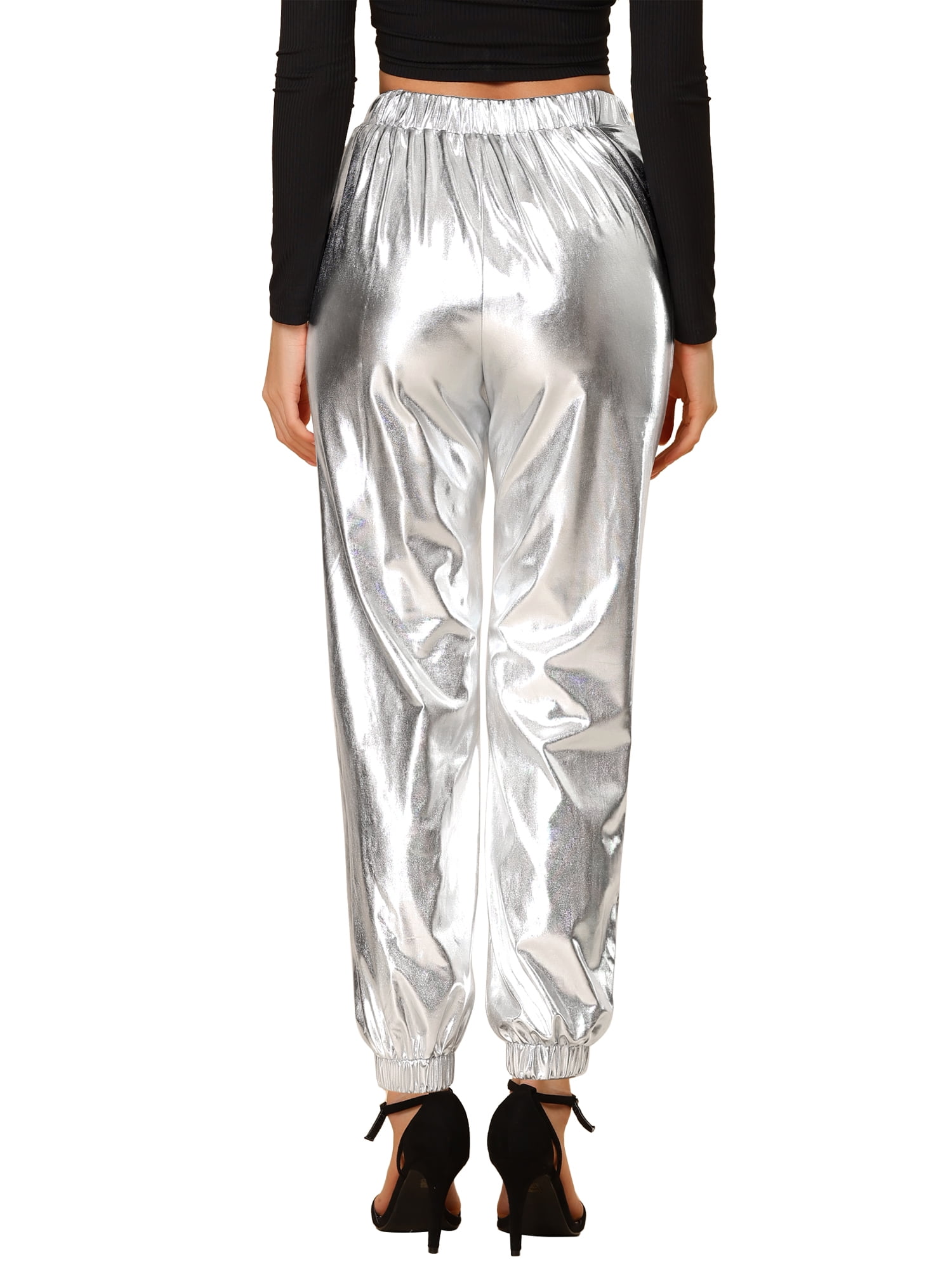 DARING DIVA Women's Sparkle Shiny High Waist Metallic Jogger Pants XS Silver