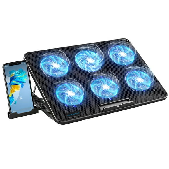 Coolcold 15.6-17.3inch Laptop Cooling Pad with 6 Quiet Fans,7 Height & Wind Speed Adjustable, 2 USB Port Laptop Cooer With Mobile Phone Holde