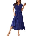 thumbnail image 1 of Vestido largo azul con escote en V, volantes, cinturón y envoltura PRETTYGARDEN para mujer, talla S, 1 of 7
