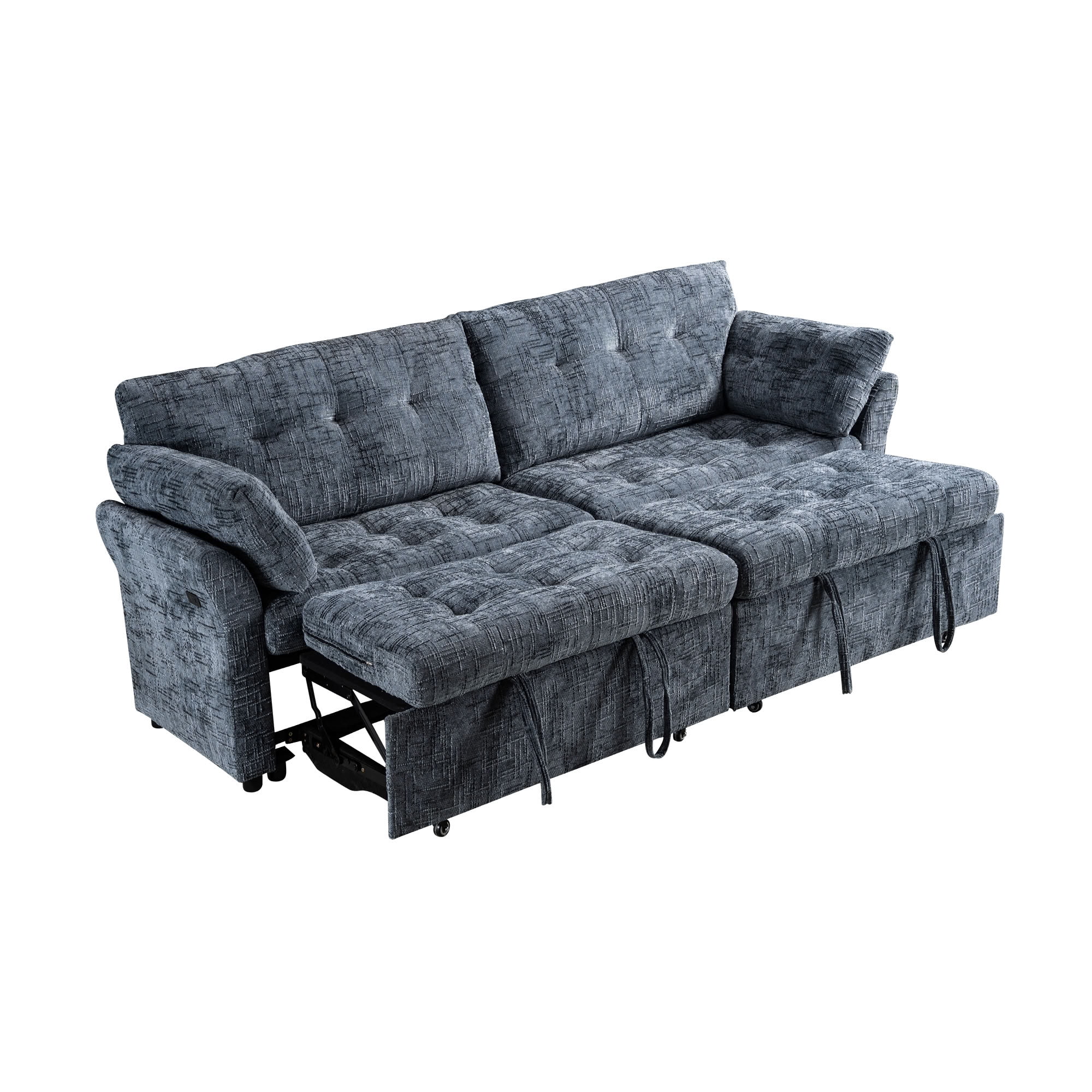 MAYEERTY Convertible Sleeper Sofa with Double Pull-Out Beds, 3-in-1 Tufted Linen Sofa Bed with 180° Flat Backrest, for Living Room, Apartment, Small Space