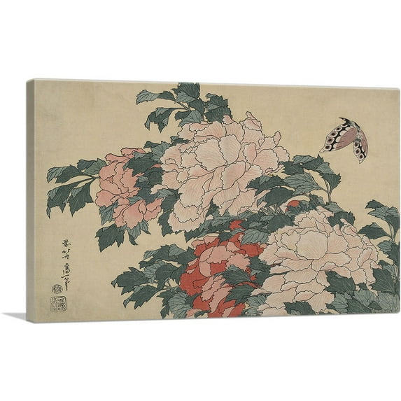 ARTCANVAS Peonies and Butterfly 1833 Canvas Art Print by Katsushika Hokusai - Size: 18" x 12" (0.75" Deep)
