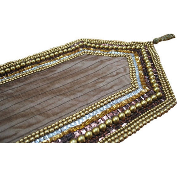 Decorative Table Runner Rust, Gold, Clear, 16 inch wide x 90 inch long Silk Beaded Table Runner Golden Pearls Sequin Bead Crystal Stone Embroidered Pleated - Pearl Crystal Sequin