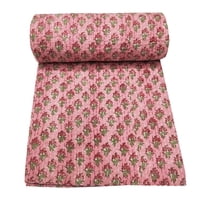 Kantha Quilt Throw Hand Block Print bedspread Indian Décor Vintage Bohemian Coverlet Blanket Gudri Pink Floral Print Single Size 60 X 90 Inches