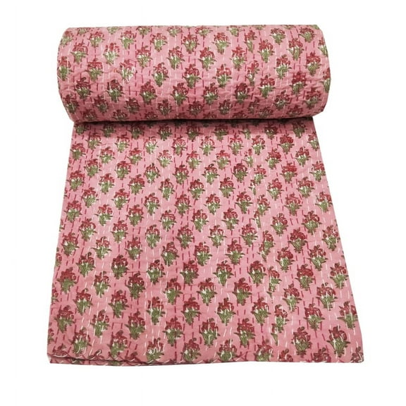 Kantha Quilt Throw Hand Block Print bedspread Indian Décor Vintage Bohemian Coverlet Blanket Gudri Pink Floral Print Single Size 60 X 90 Inches