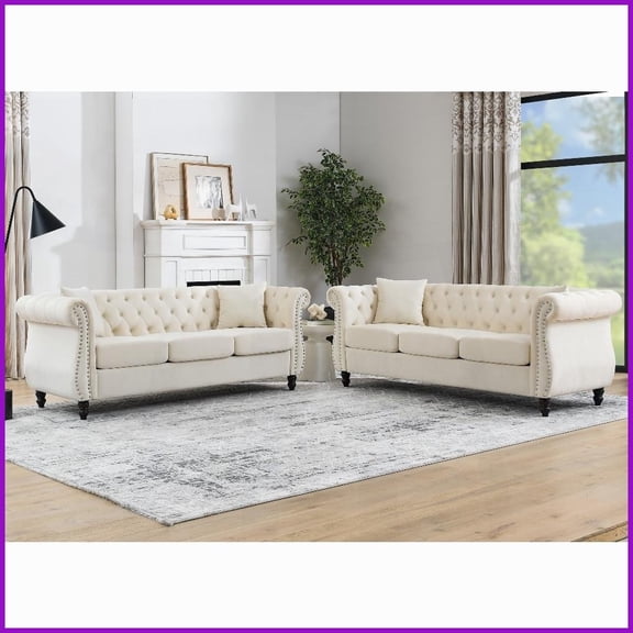 Beige Velvet Chesterfield 3 3 Combination Sofa for Living Room – Tufted Design with 4 Pillows