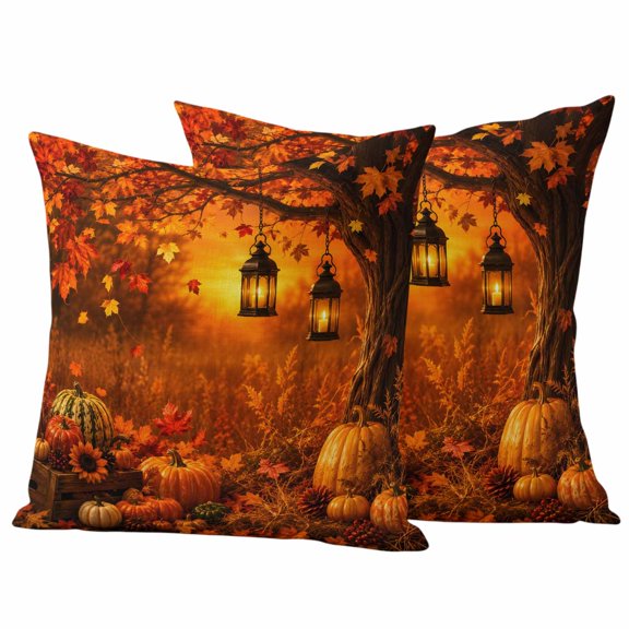 Thanksgiving Maple Leaves Outdoor Waterproof Pillow Covers, Countryside Pumpkin Florals Decorative Square Throw Pillowcase Sofa Cushion Sham for Patio/Couch/Chair, 20"x20" 2 Pack