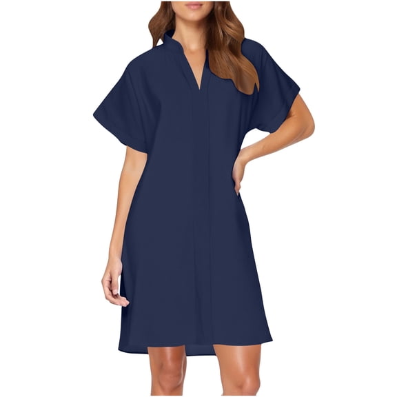 Kukoosong Dresses for Women Casual Summer Short Sleeve V-Neck Relaxed Fit Solid Color Shirt Dress Cocktail-Length Beach Party Vacation Dresses