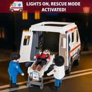 Playkidiz Push & Go Ambulance Toy Playset Emergency Vehicle with Realistic Lights & Sounds, 4 Buildable Figures, Stickers, and Accessories for Ages 3+