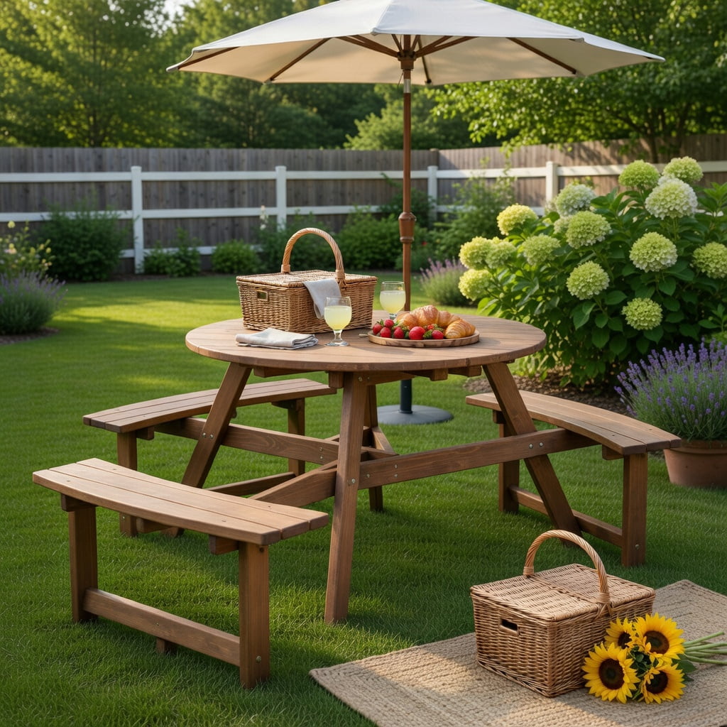 Hommoo 6-Person Round Wooden Picnic Table with Umbrella Hole, Outdoor Patio Table with 3 Built-in Benches, Rustic Solid Wood Design for Backyard, Garden & Deck, Dark Brown