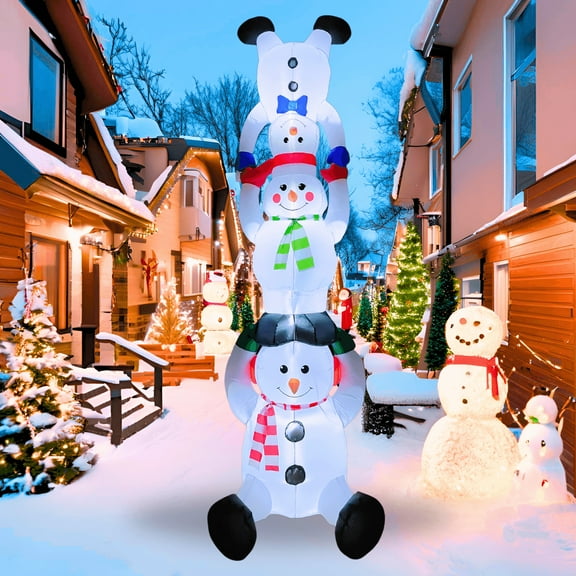 PTS 10FT Inflatable Snowman Family Tower Outdoor Decoration, Christmas Blow Up Yard Decorations, Built-in LED Lights Inflatables Xmas Holiday Funny Decor for Indoor Lawn Garden