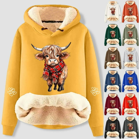 YUEHUA Sherpa Lined Hoodie Women Highland Cow Graphic Pullover Jumper Thicken College Hooded Sweatshirts