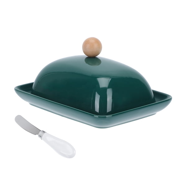 Yardwe Elegant Green Ceramic Butter Tray with Lid and Cutter for Storage