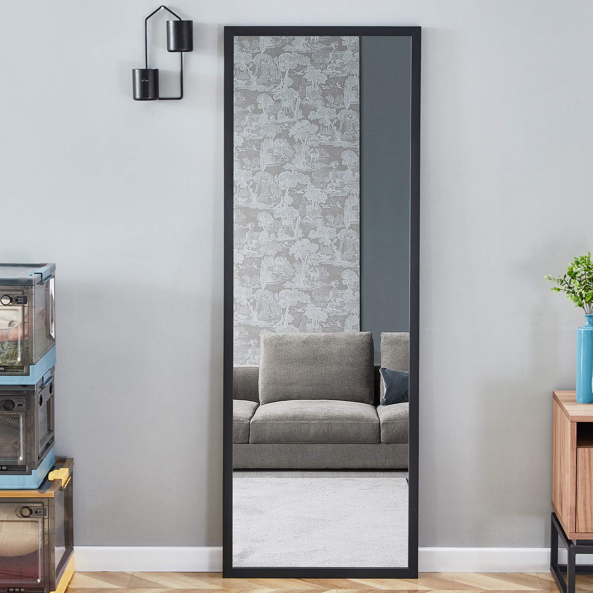 Full-Length Mirror, Dressing Mirror with Wood Grain Solid Wood Frame, Floor Standing Mirror for Living Room, Bedroom, 65"×22.8", Black