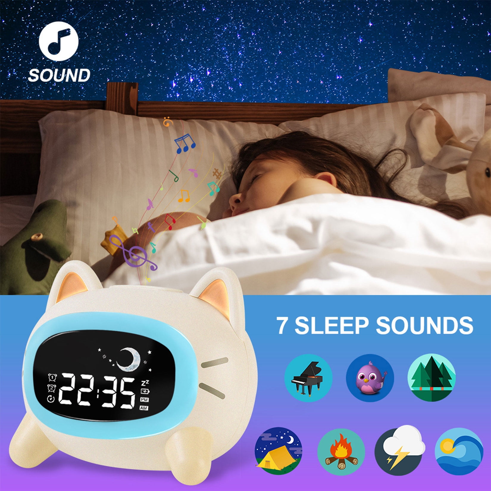Teen Bedroom Digital Alarm Clock with Night Light - Cat Shaped Alarm Clock with Seven Night Lights, Five Soothing Sounds, Auto-Off Timer, Cream White(One Pcs)