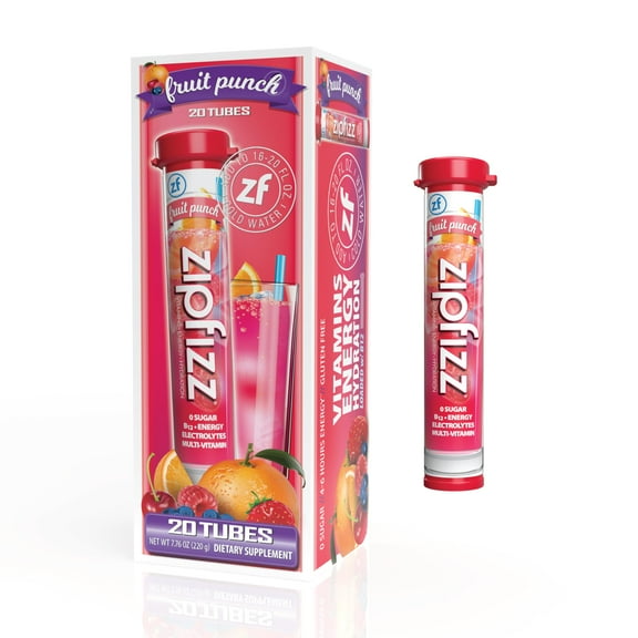 Zipfizz Energy Drink Mix, Electrolyte Hydration Powder with B12, Antioxidants, Electrolytes and Multi Vitamin, Fruit Punch (Pack of 20)