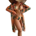 thumbnail image 2 of Sokhug Womens Floral Bikini Set Mesh Cover Up Tie Side Triangle Top Thong Bottom Three Piece Swimwear, 2 of 9