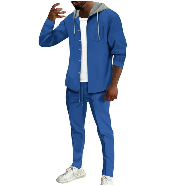 Yuyuzo Mens 2 Piece Sweatsuits Set Long Sleeve Button down Jackets Joggers 2 Piece Textured Tracksuits