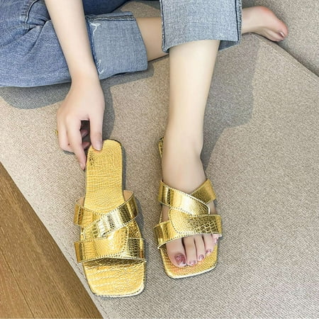 

HAOTAGS Womens Flat Sandals Open Toe Cross Over Strap Slip On Casual Summer Beach Shoes Gold\Silver