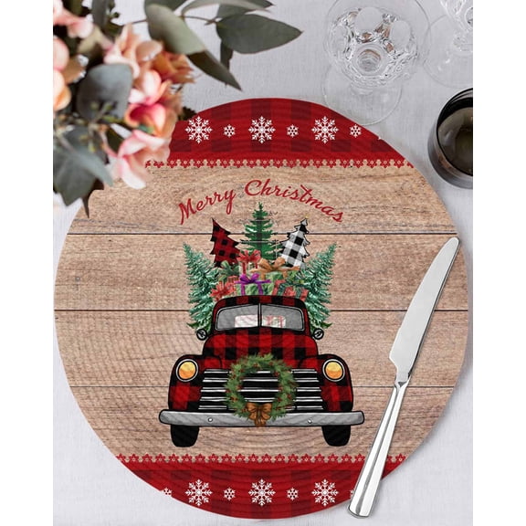 15 Inch Round Placemats Set of 4, Christmas Truck Non Slip Heat Insulation PP Table Mats, Xmas Snowflakes Tree Farmhouse Wooden Washable Place Mats for Kitchen Dining Party Table Decor