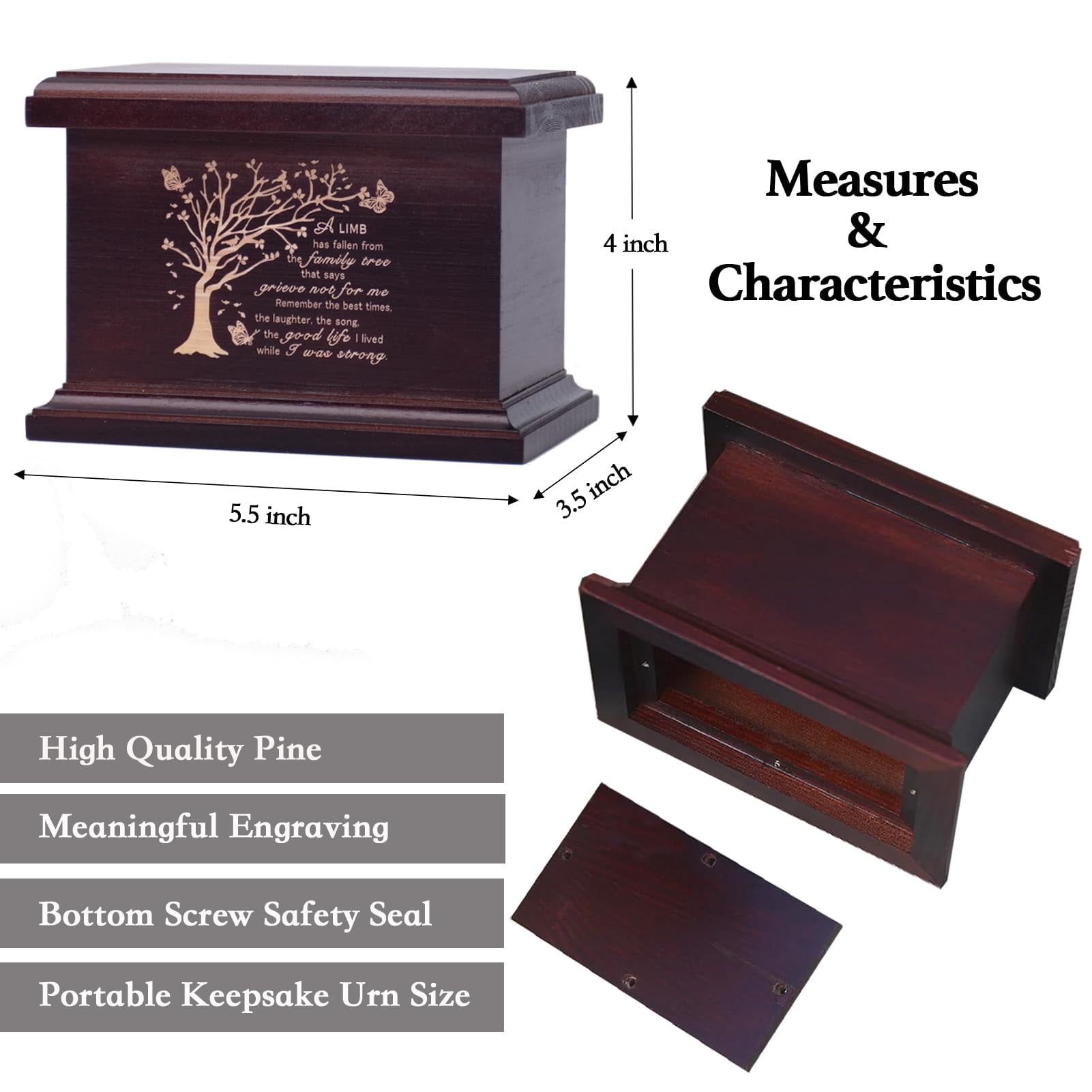 6 Inches Small Wood Urns for Ashes, Funeral Memorial Urns, Small Urns Keepsake Wooden Urns Box and Casket, Keepsakes Urns for Human/Pet Ashes-Tree