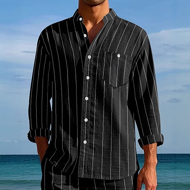 Blusa y camisa de manga larga con cuello alto para hombre, camisa transpirable con bolsillo y estampado a rayas de cuello alto de moda, de poliéster.