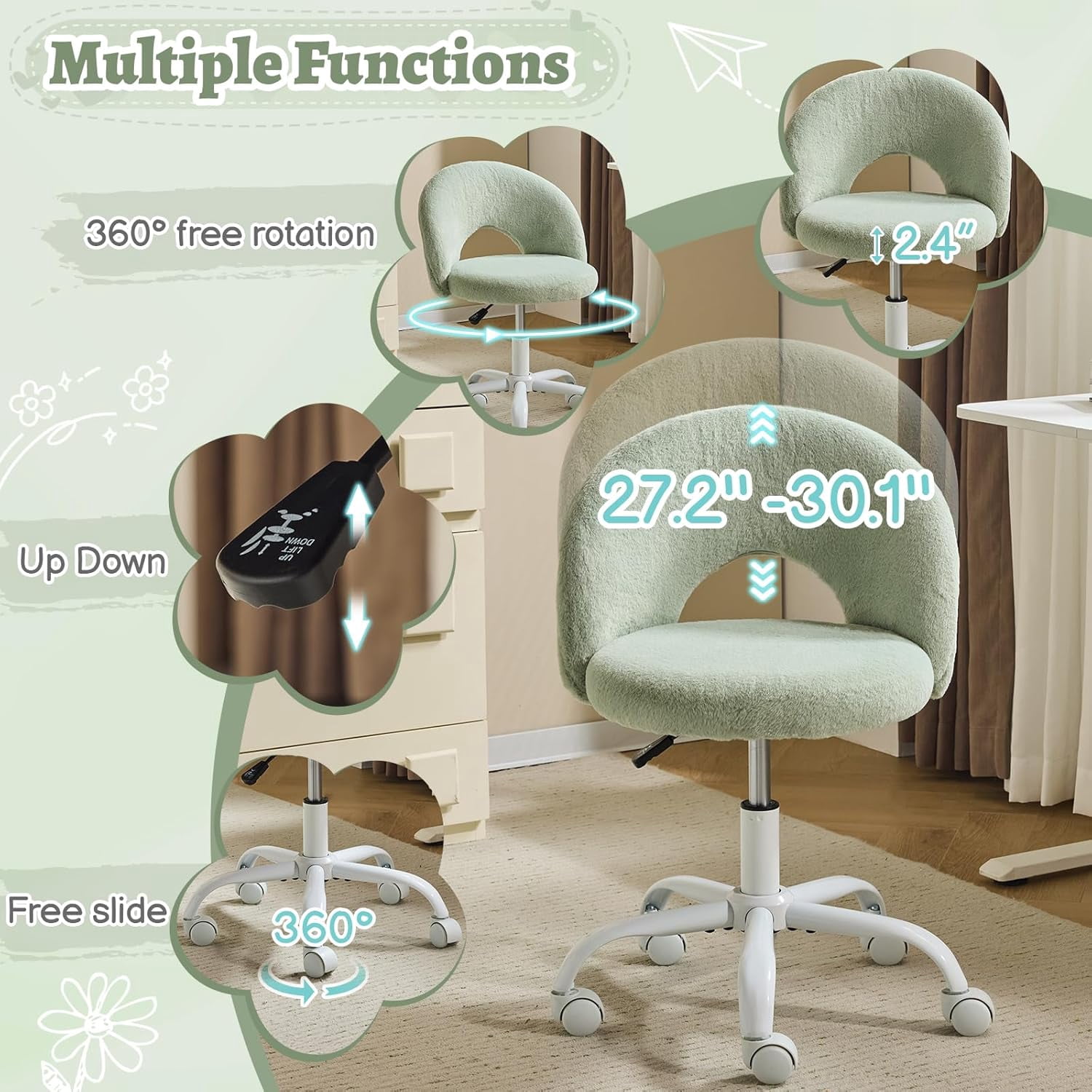 VINGLI Small Vanity Chair with Wheels for Girls.Cute Modern Adjustable Height Armless Office Desk Chair.360°Swivel Comfy Rolling Chair for Study, Make up Room,Small Space,Linen White
