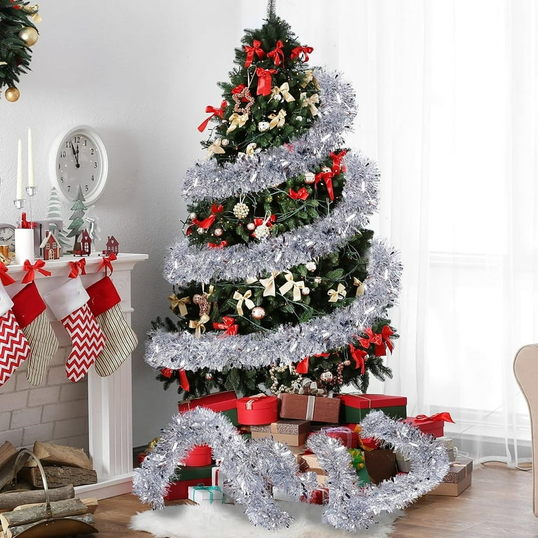 Silver Christmas Tinsel, 6 Pcs 6 Feet Long Xmas Thin Tinsel, Tinsel Christmas Tree Decorations, Silver Tinsel Garland for Christmas Party Indoor and