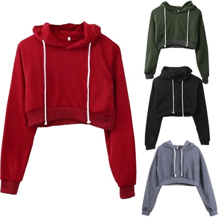 Womens Lightweight Pullover Hoodies - New Womens Fleece Long Sleeve Crop Top Pullover Hooded Sweatshirt Cropped Hoodie