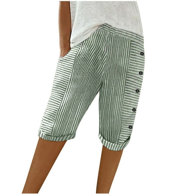 Birdeem Womens Summer Woven Striped Patchwork Button Loose Cotton Linen Casual Capris