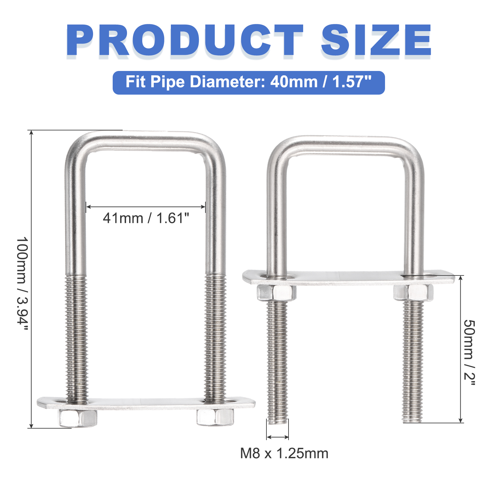 Uxcell 4 Sets M8 Square U-Bolts, 1.57" Inner Width 3.94" Length 304 Stainless Steel U Clamp Bolts with Nuts, Plates and Wrench