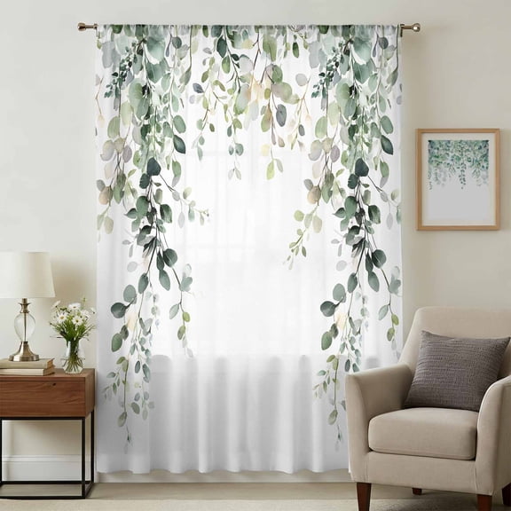 Eucalyptus Leaves Sheer Curtains 72 Inches Long, Spring Sage Green Summer Botanical Light Filering Curtains, Breathable Simi Curtain Privacy Drapes for Living Room Bedroom Window Treatment