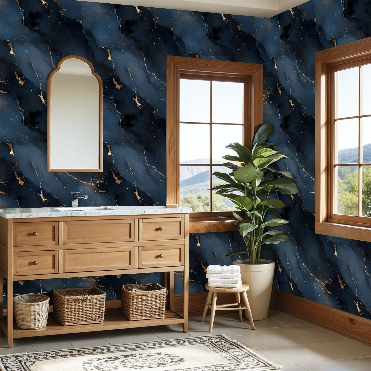 Peel and Stick Wallpaper Abstract Blue Gold Fluid Art Bold Cracks Soft Hues Wall Mural 23.6in x 9.8ft Self Adhesive Removable Wall Paper Renter Friendly Wallpaper for Nursery Bedroom Cabinets