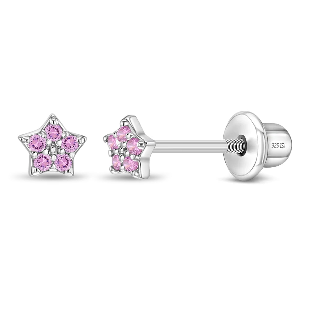 Tiny CZ Pink Star Screw Back Earrings