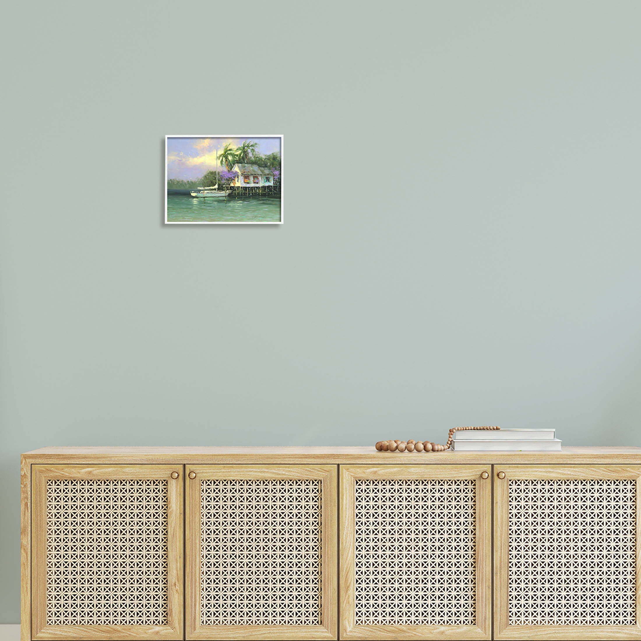 Summer Ocean Pier Palm Trees Landscape Painting White Framed Art Print Wall Art