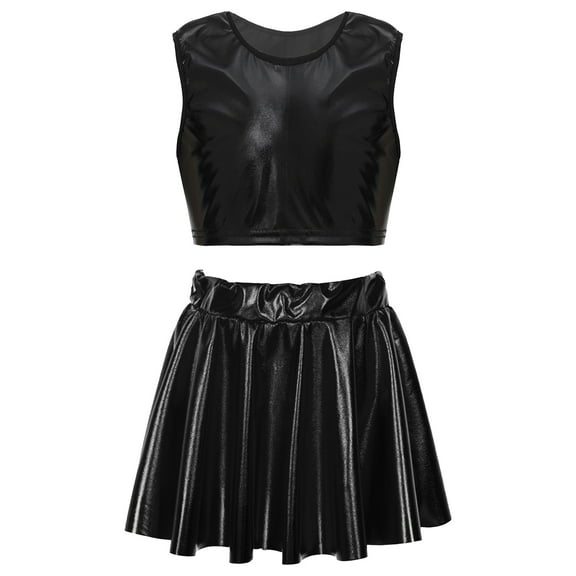 YEAHDOR Kids Girls Shiny Metallic 2Pcs Dance Suit Cropped Tank Top with A-Line Pleated Skirt Dance Set Performance Costume