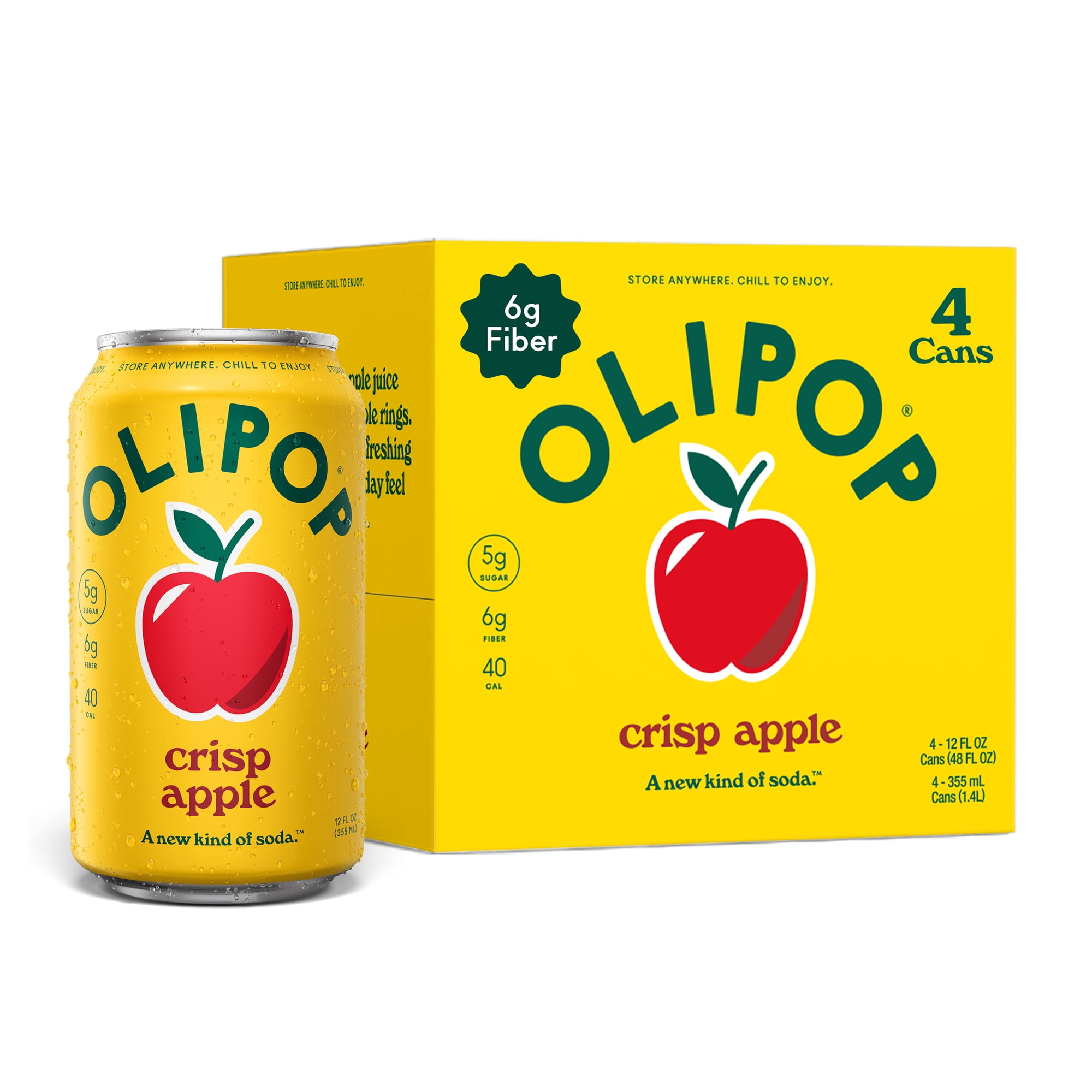 OLIPOP 6g Fiber Prebiotic Soda, Crisp Apple, 12 fl oz, 4 Pack, Shelf Stable