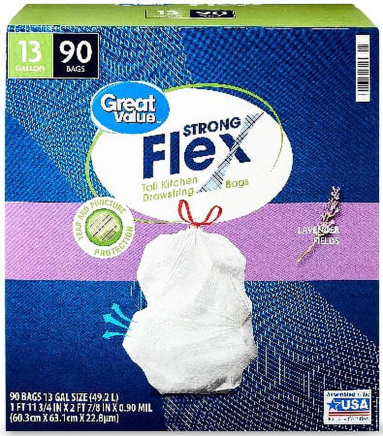 Great Value Strong Flex Tall Kitchen Trash Bags, 13 gal, 90 Bags, Drawstring, Lavender Fields