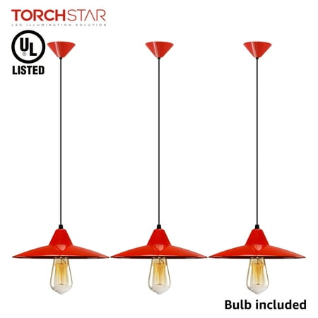 TORCHSTAR 3 Pack 11 Inch LED Pendant Lighting for Kitchen, Vintage Metal Ceiling Hanging Light, Bulb Include, Red, (Best Light Bulbs For Kitchen Pendants)