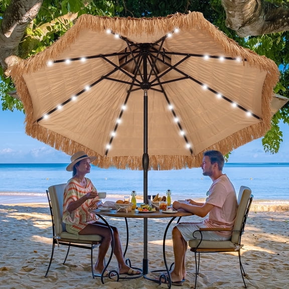 Ainfox 9ft Boho Fringe Thatched Tiki Patio Umbrella with Solar Lights, Hawaiian Outdoor Bar Umbrella, Water Resistant Canopy for Beach Pool Backyard Deck