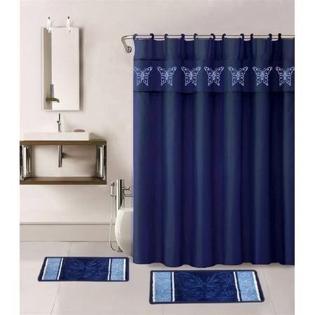 15 Piece Multi Color Jacquard Bath rug Set. Butterfly Navy Blue Design Shower Curtain Matching 