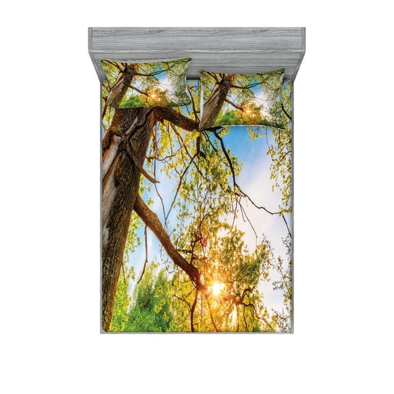 Ambesonne Landscape Fitted Sheet & Pillow Sham Set, Vibrant Summer Sky, Queen, Green Brown